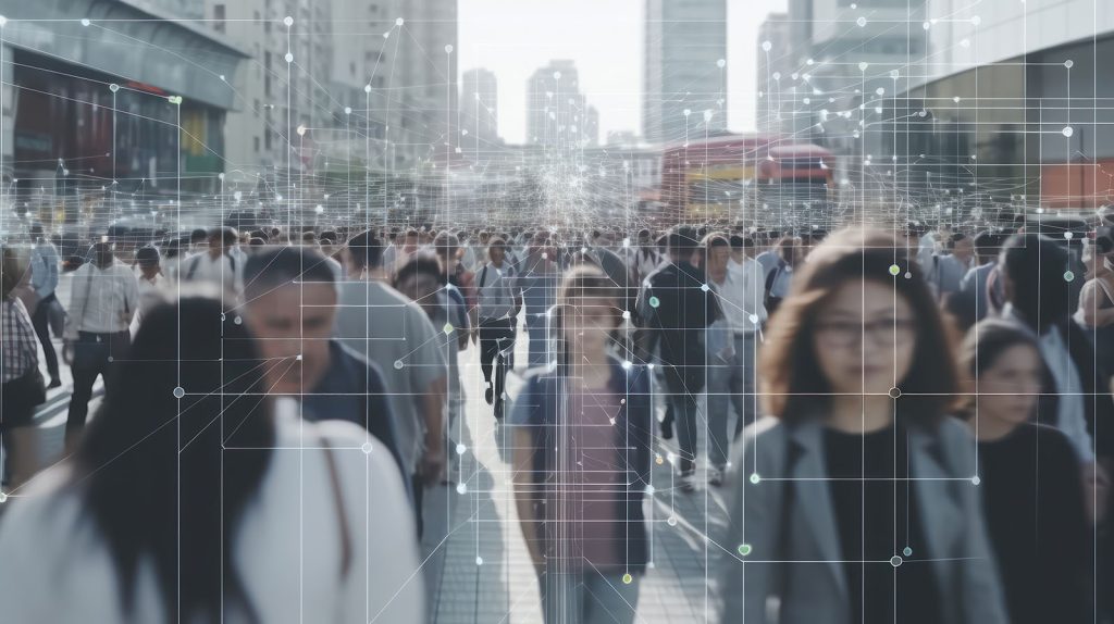 People walking in a city with an overlay indicating connection to digital data