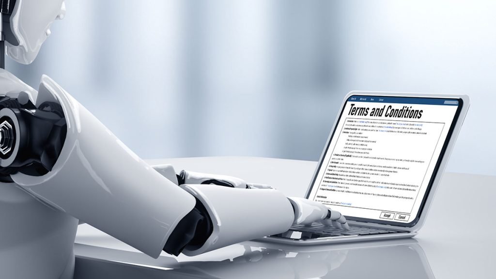 AI robot reviewing legal terms and conditions on a laptop