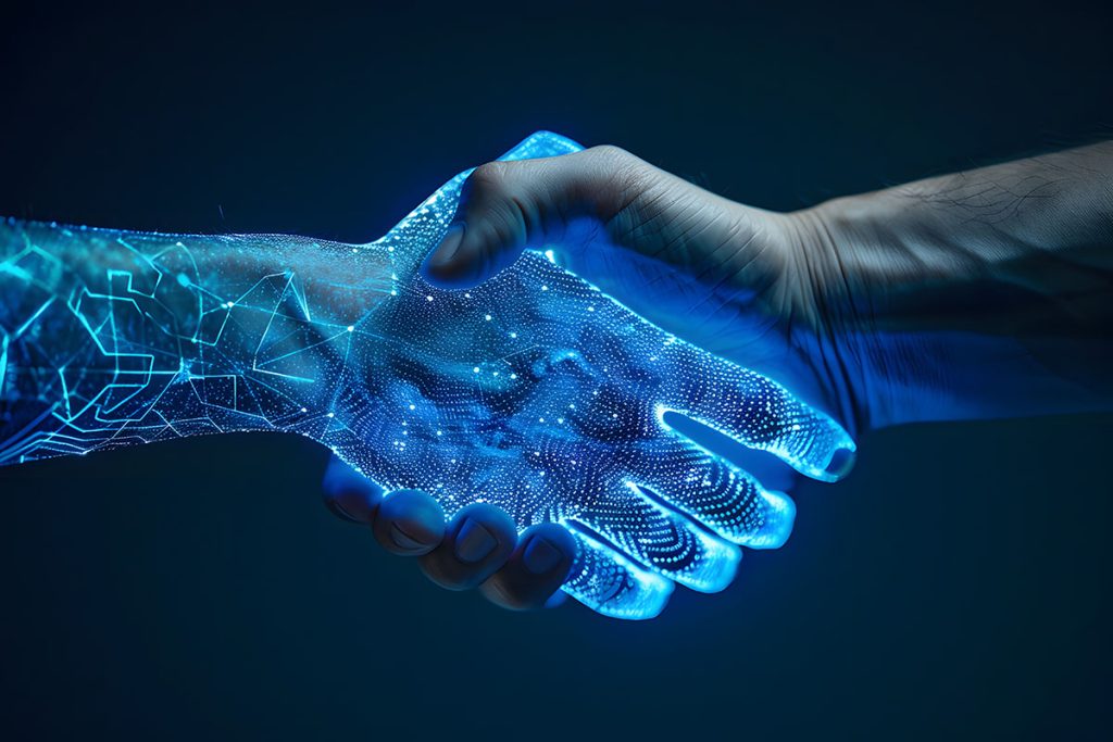 Handshake between human hand and AI hand