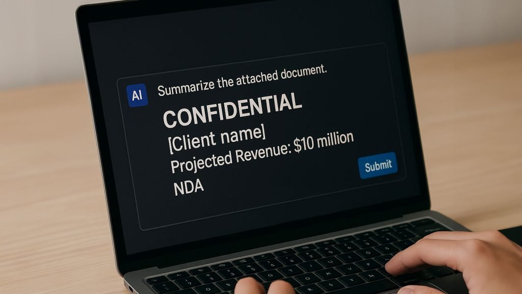 Computer screen showing confidential informaiton being input into AI
