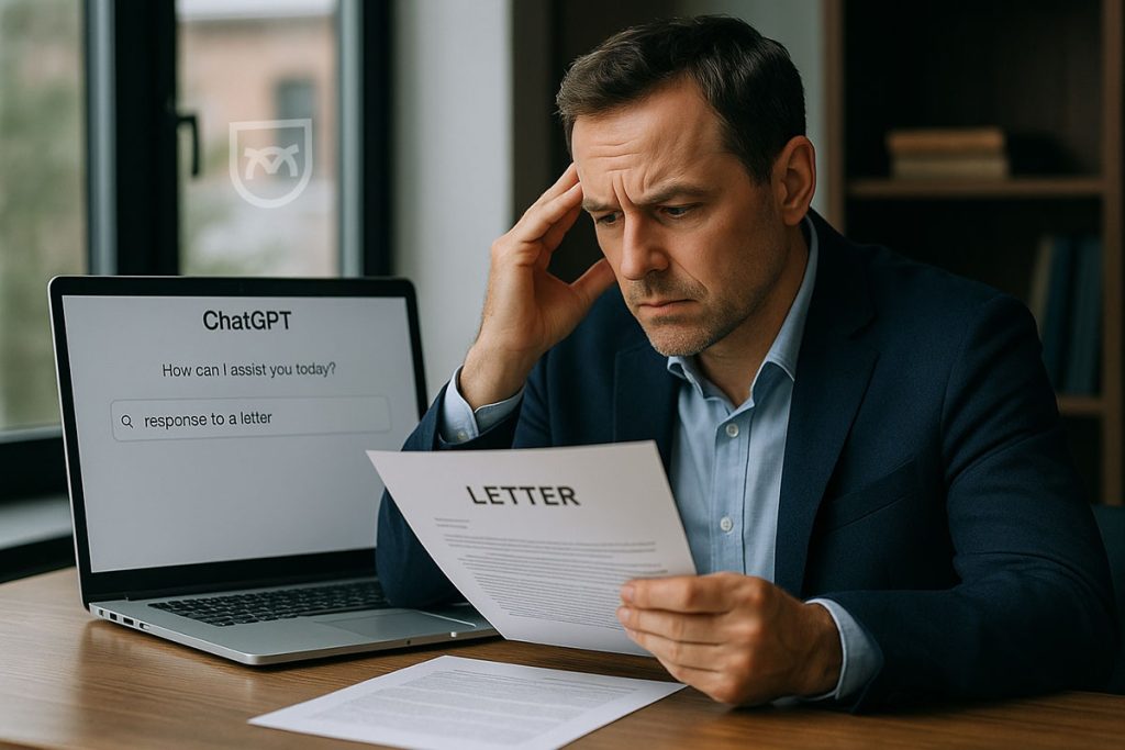 Concerned man reading a legal letter at his desk while an AI chatbot response is visible on his laptop screen