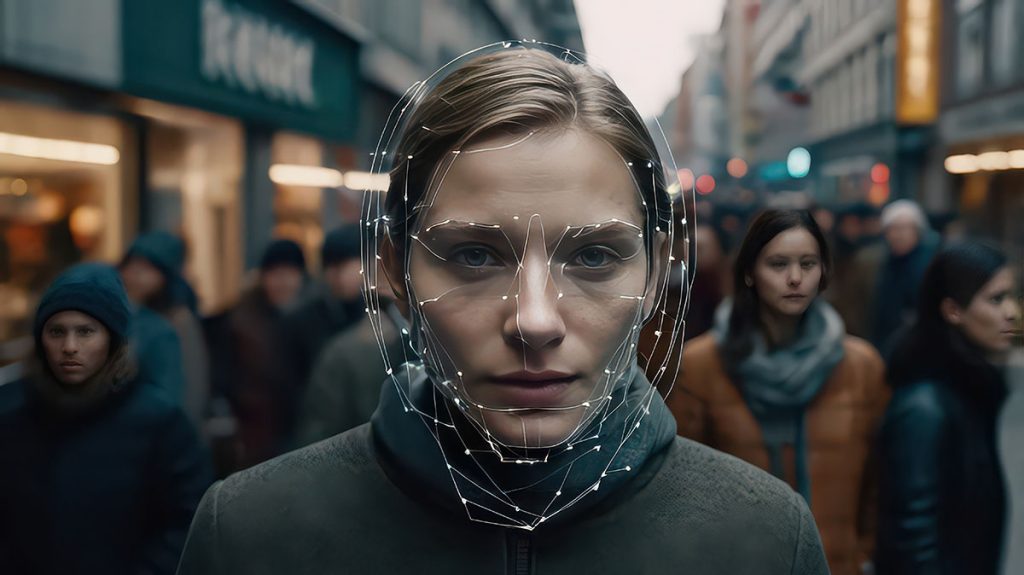 Woman in a crowd with an outline of potential data points around her face in the context of personal privacy