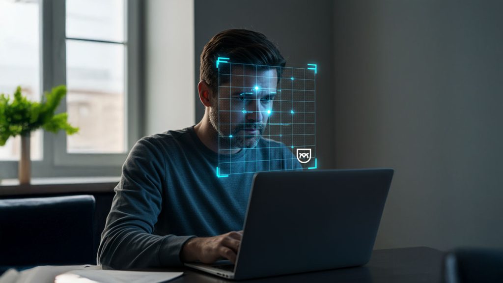 A man sits at a desk using a laptop, with a digital facial recognition grid overlaid on his face, indicating biometric scanning by AI proctoring software in a remote testing environment.