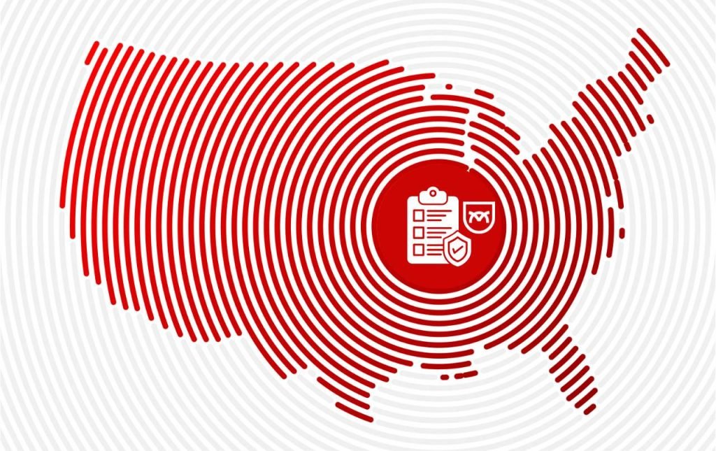 Stylized U.S. map rendered in bold red concentric fingerprint-like lines on a white background, with a central red circle containing white icons of a checklist clipboard and two security shields, symbolizing nationwide privacy compliance. One of the two shields is the Sapience Law design mark.
